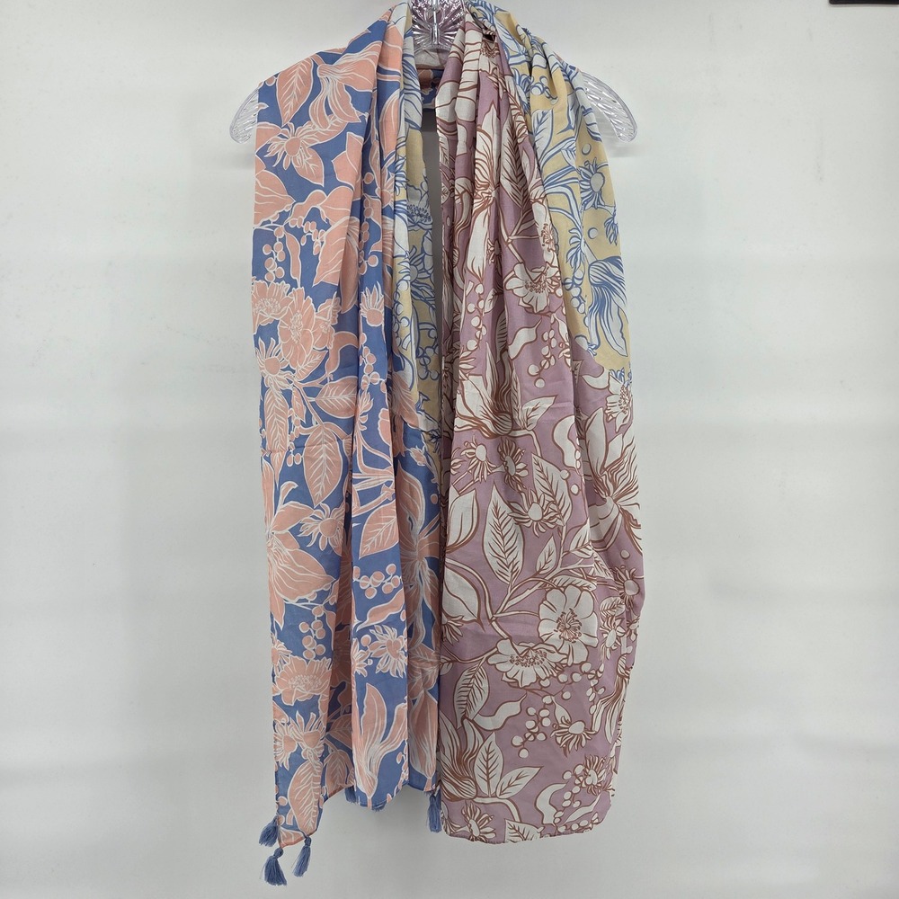 Mimco Floral Print Cotton Wrap Blue Pink Lavender Tassels Lightweight‎ Summer